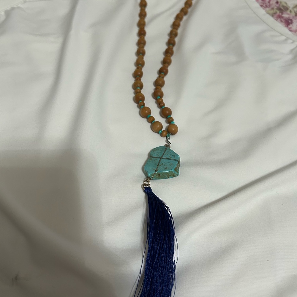 Blue and Brown Beaded Necklace with Tassel